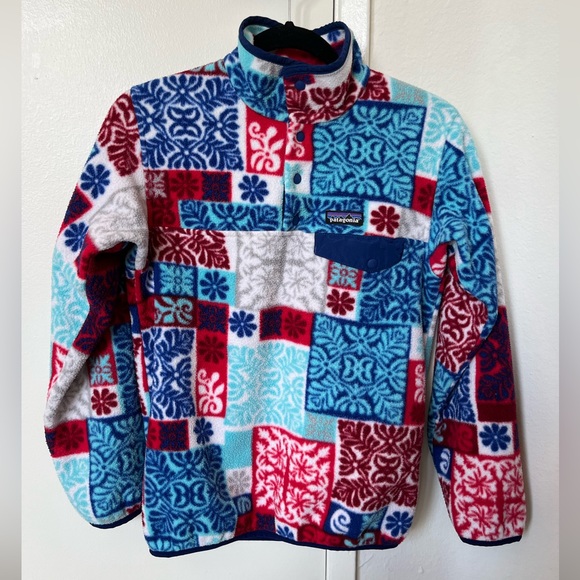 Patagonia Synchilla Snap-T Makai Totally Red Patchwork Pull Over Fleece Size XS - Picture 1 of 11